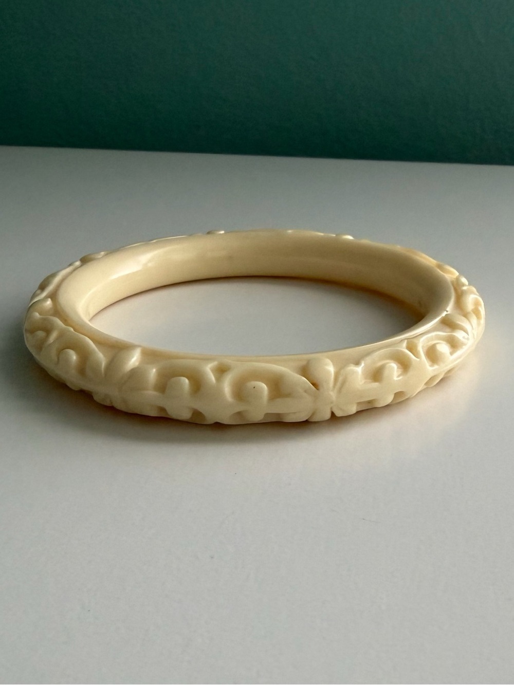 Vintage Cream Celluloid Plastic Carved Asian Design Bangle 2.5”